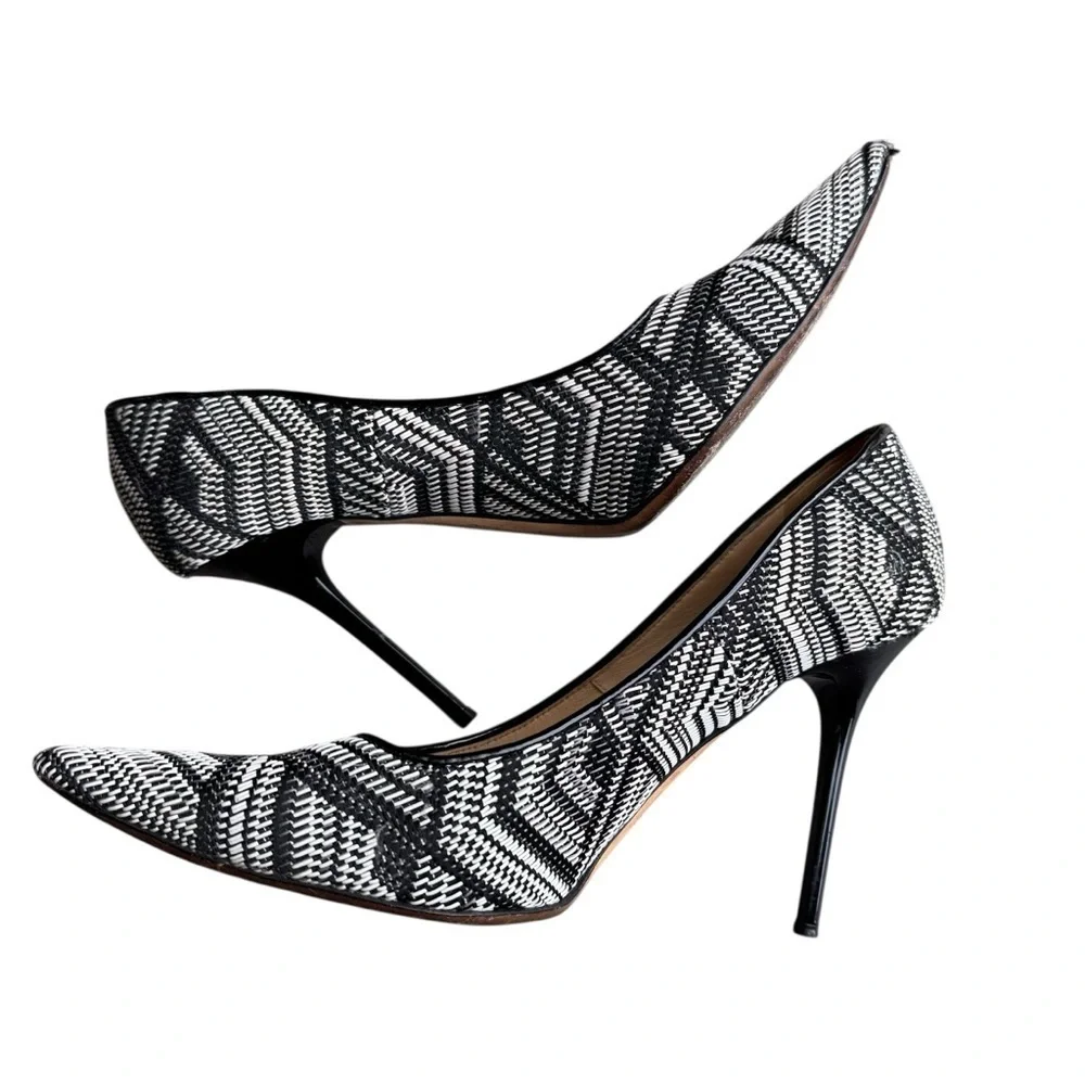 Jimmy Choo -Abel Black & White Woven Print Pointed Toe Stiletto Heels Sz 39.5
